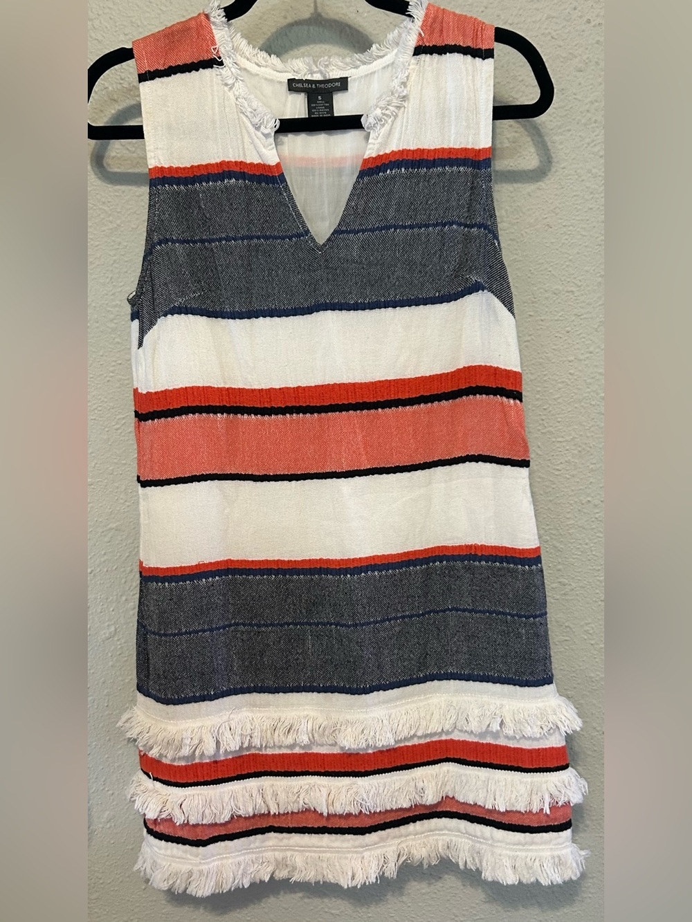 Chelsea & Theodore White, Red & Navy Striped Cotton V-Neck Dress